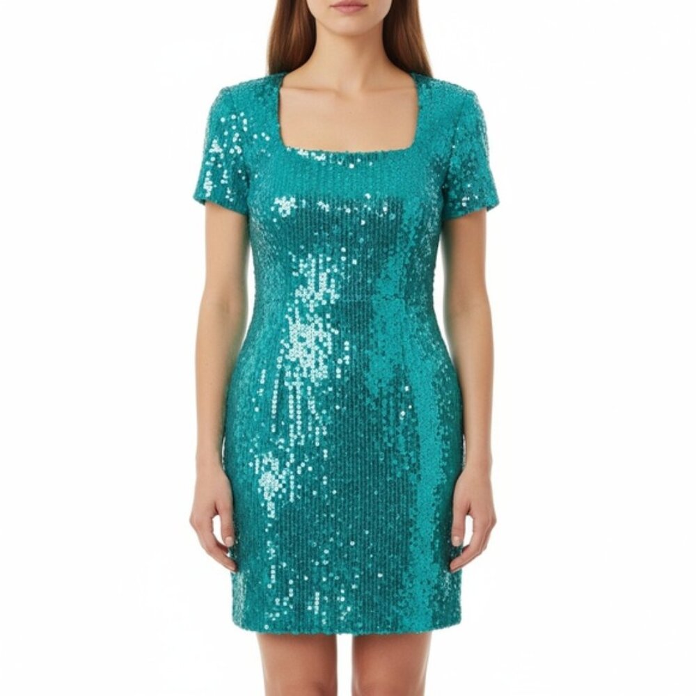 NITE LINE Womens 80s Large Teal Turquoise Sequin Mini Dress Square Neck Retro